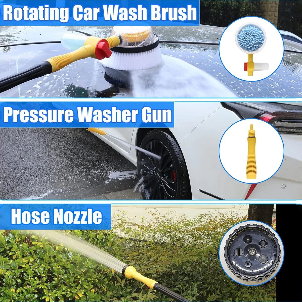 Auto Rotating Car Wash Brush Kit - 360° Spin Long Handle Pressure Washer Mop with Hose Nozzle for Cars/Rv/Truck/Yard/Garden Mop