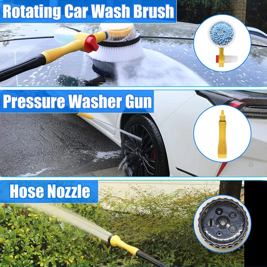 Auto Rotating Car Wash Brush Kit - 360° Spin Long Handle Pressure Washer Mop with Hose Nozzle for Cars/Rv/Truck/Yard/Garden Mop