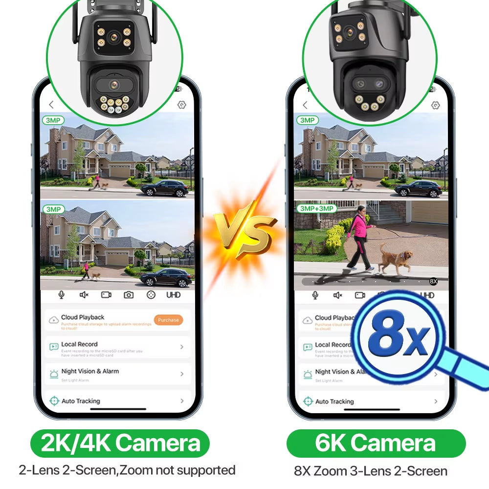 6K 9MP HD IP Camera Outdoor Three-Lens External Wifi Camera 4K/2K Dual Screen Security PTZ Cam Auto Tracking Surveillance Icsee