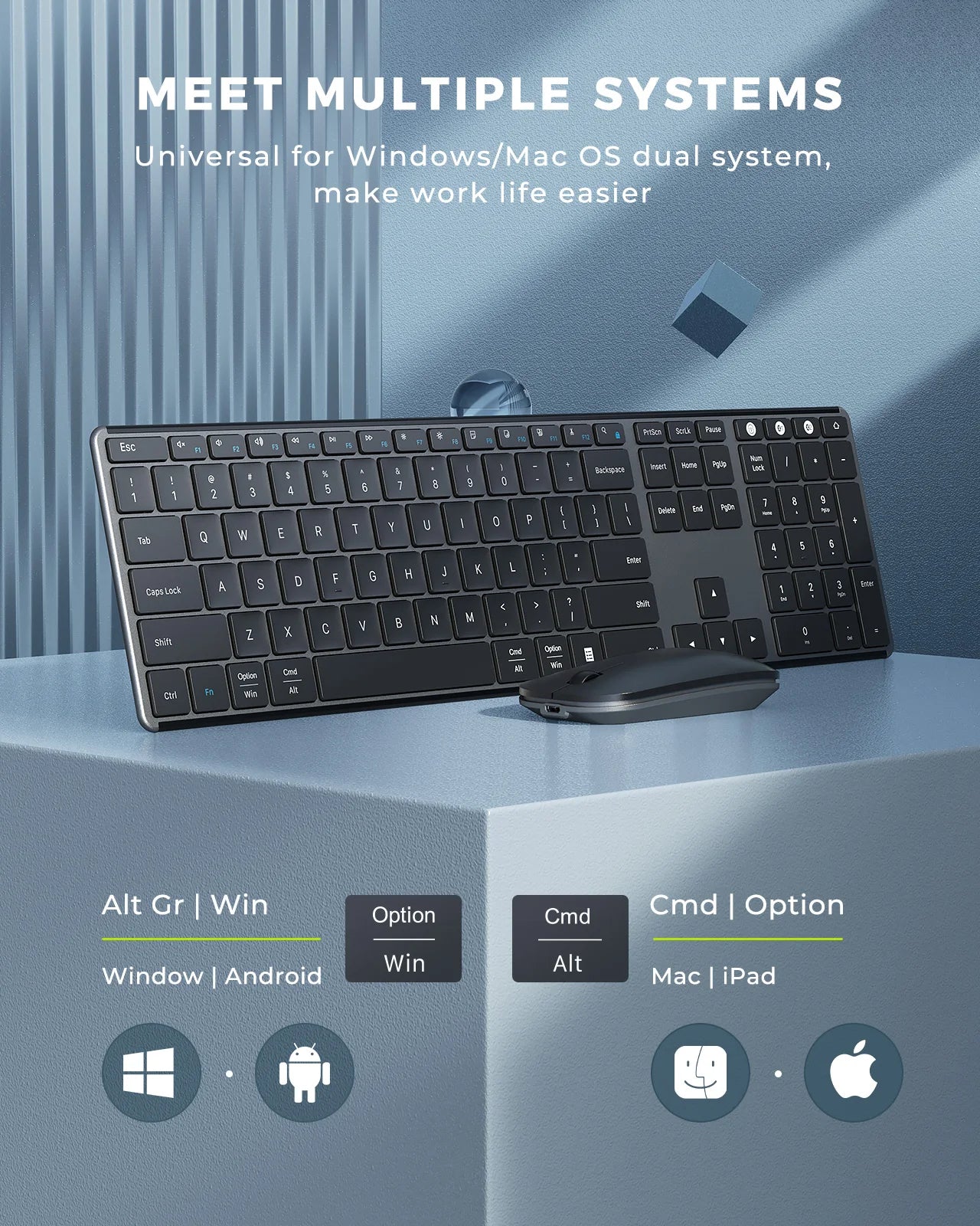 Wireless Bluetooth Keyboard and Mouse Combo Multi-Device Rechargeable Slim Keyboards and Mice for Win Macbook Pro Air