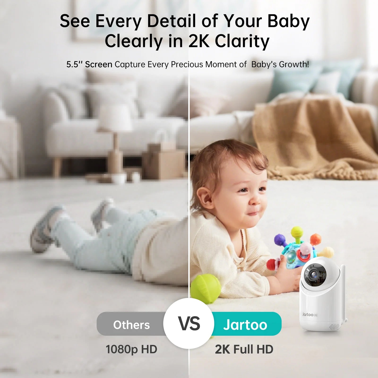 2K Video Baby Monitor with 5.5" Full HD Screen, 3000Ft Long Range No Wifi Two Way Talk Camera and Audio, Portable, Night Vision, AI Cry Detect, 6000Mah