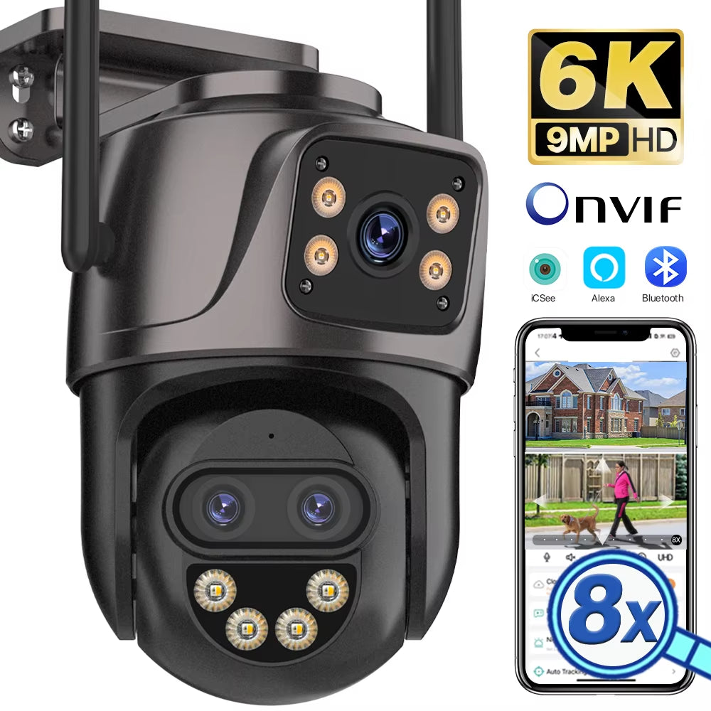 6K 9MP HD IP Camera Outdoor Three-Lens External Wifi Camera 4K/2K Dual Screen Security PTZ Cam Auto Tracking Surveillance Icsee