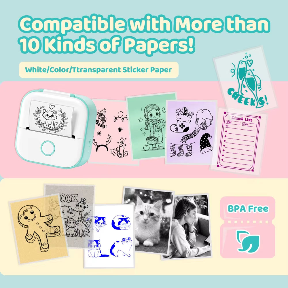 T02 Mini Thermal Printer Wireless Mini Pocket Printer, Adhesive Sticker Printer for DIY, Journal, Student Birthday Gift