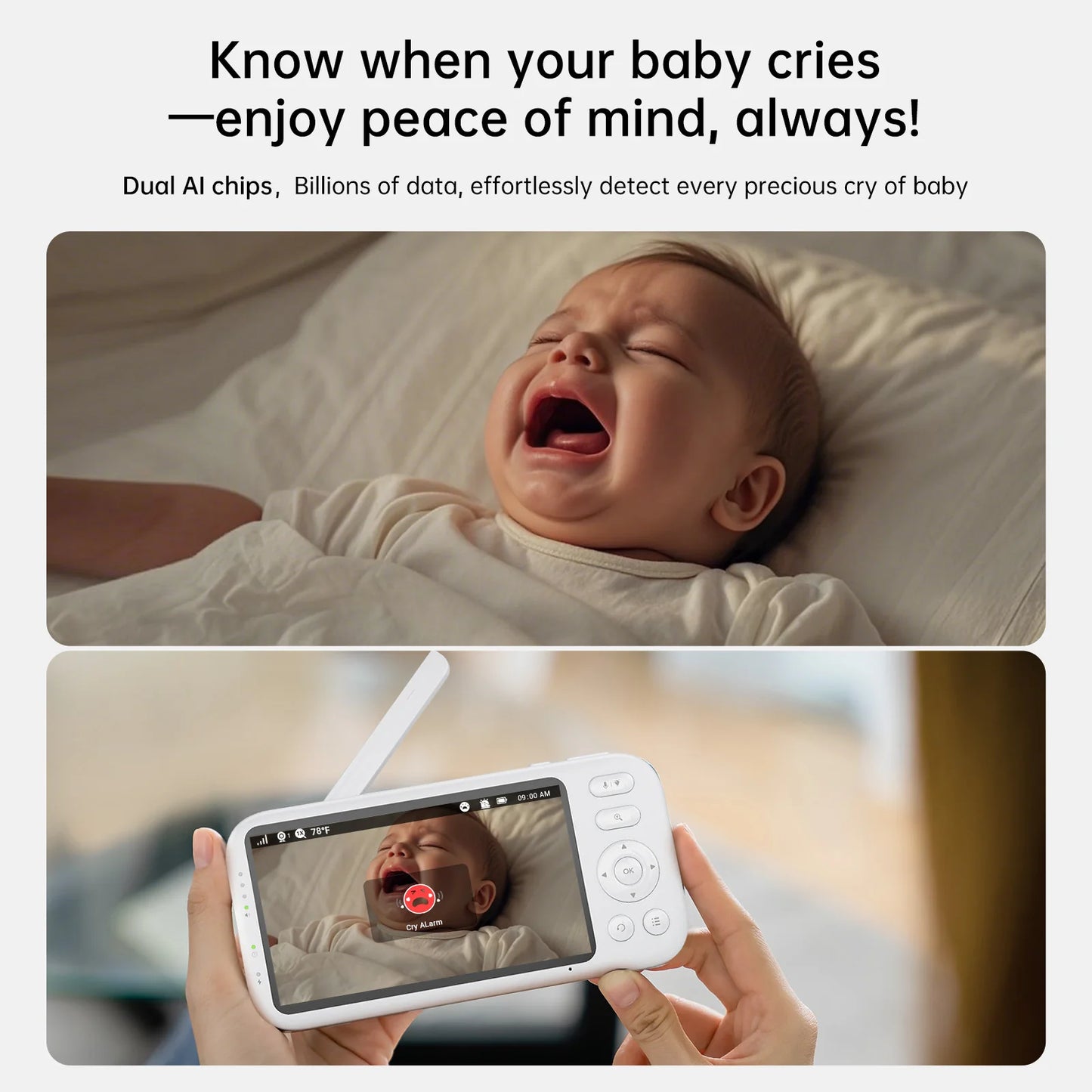 2K Video Baby Monitor with 5.5" Full HD Screen, 3000Ft Long Range No Wifi Two Way Talk Camera and Audio, Portable, Night Vision, AI Cry Detect, 6000Mah